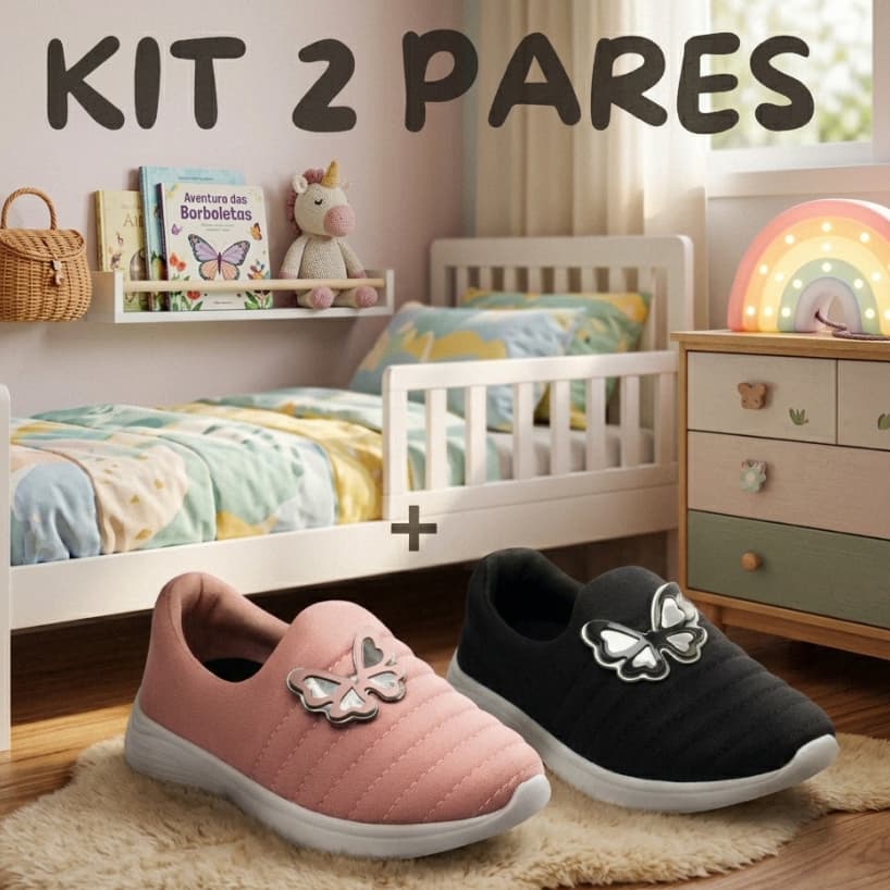 Kit 2 Tênis infantil menina calce fácil criança confortável borboleta escola respirável