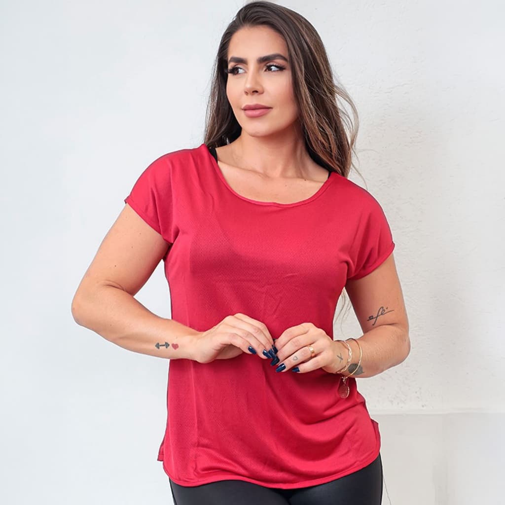 Camiseta Blusa Academia Feminina Dry Fit Furadinho Decote nas Costas Treino Corrida Fitness
