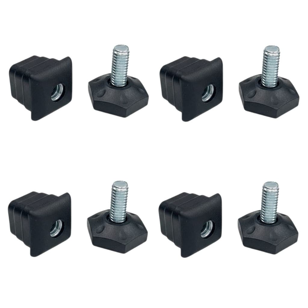 4 Ponteira Quadrada Bucha Rosca Aço 25x25mm e Pé Nivelador 2,5x2,5cm Ajustável Desnivel