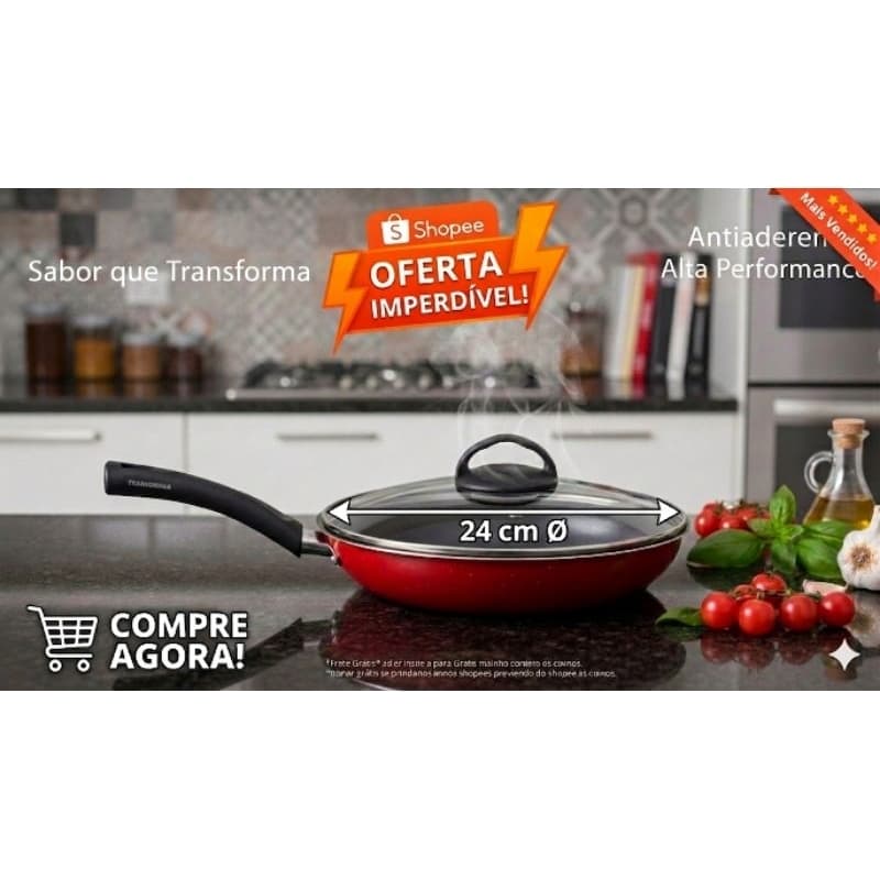 Frigideira Alta Funda 24 cm Antiaderente Teflon com Tampa de Vidro