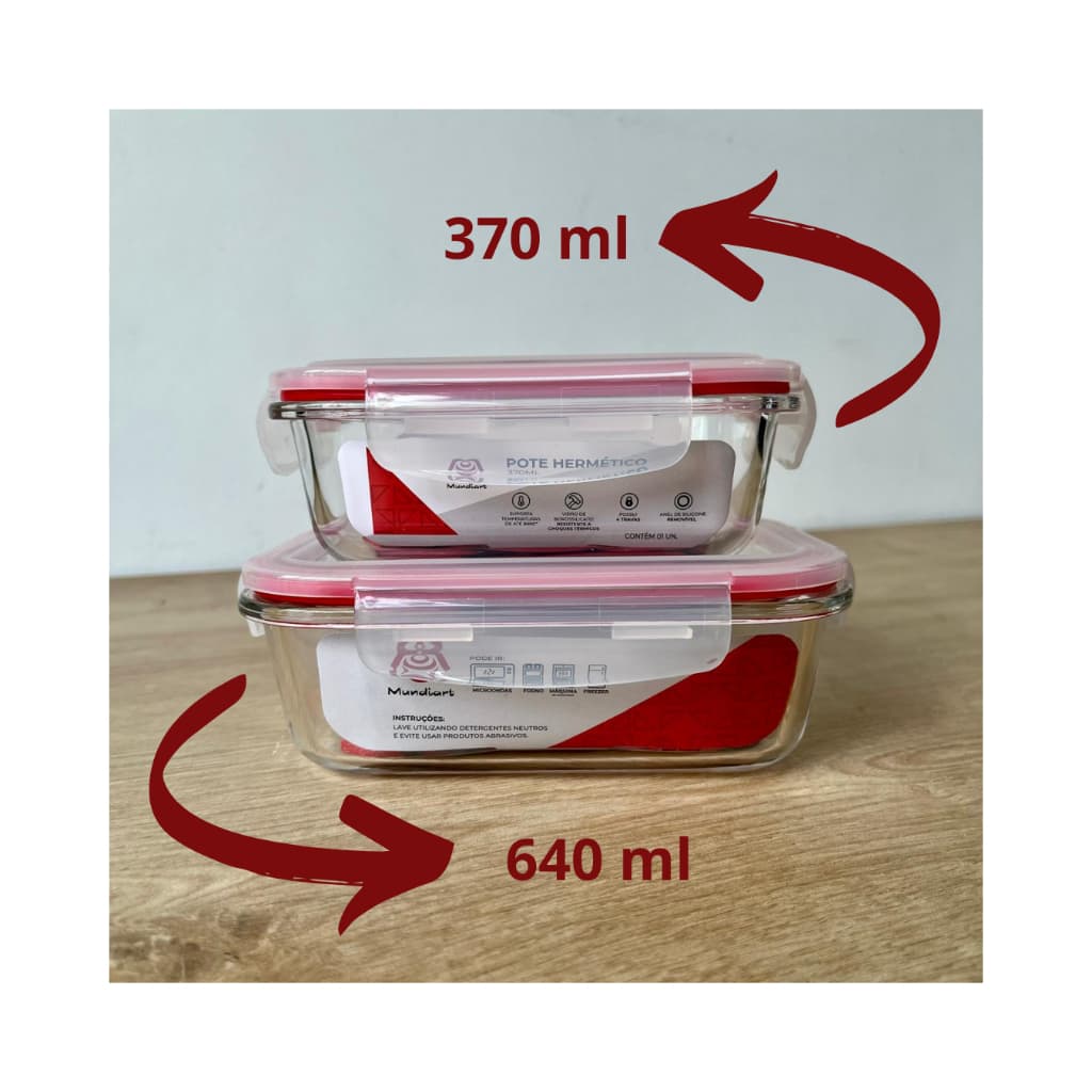 Pote De Vidro Para Mantimentos Hermético Mundiart Transparente Anel Vermelho Vedação 370 Ou 640ml