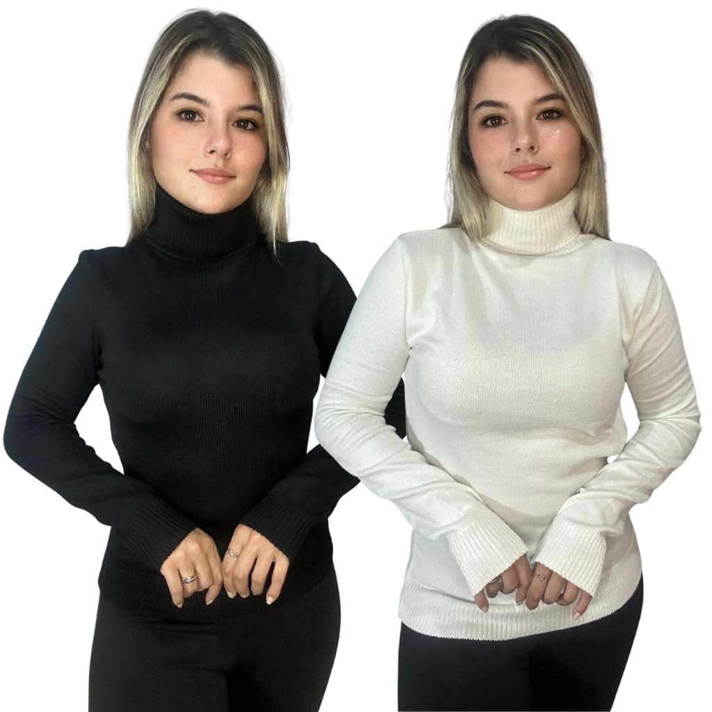 Kit 2 Blusas Cacharrel Feminina Tricot Suéter Gola Alta Outono Inverno Alta Elasticidade