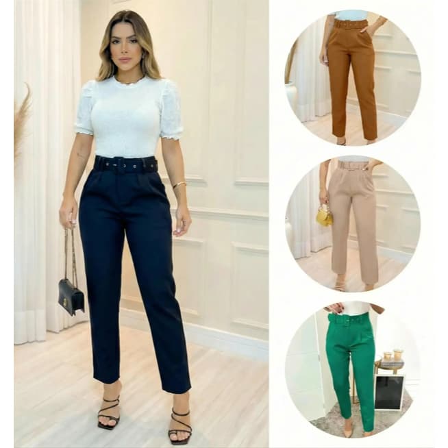 Calça Feminina Skinny Com Cinto Cintura Alta Malha Crepe Premium Com Bolso Social Slim