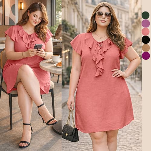 VESTIDO PLUS SIZE  FEMININO ELEGANTE SOLTINHO VESTIDOS FEMININOS MODA SOCIAL CONFORTÁVEL BABADO FRESCO FEMININAS MIDI