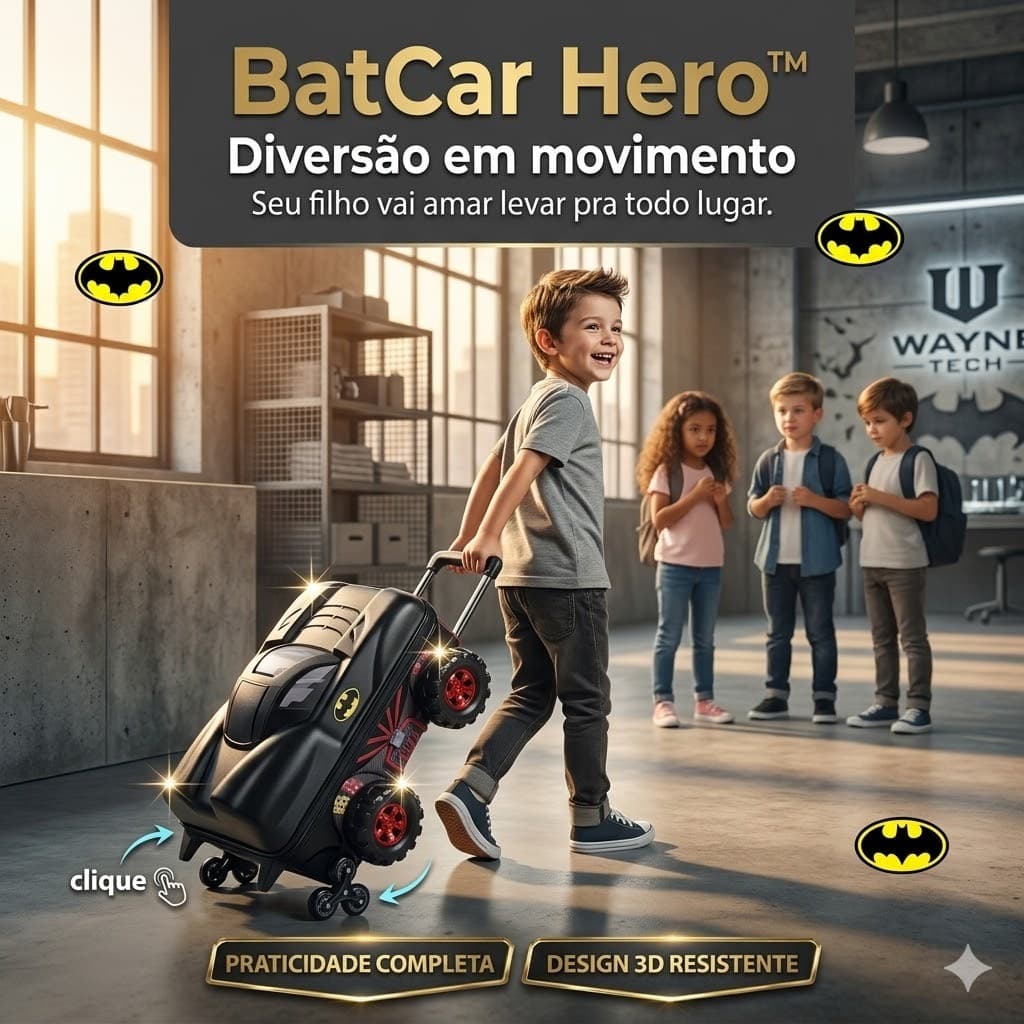 Mala Infantil BatCar Hero™ 3D Rodinhas Bagagem Escolar Resistente Fácil Transporte 3 rodinhas