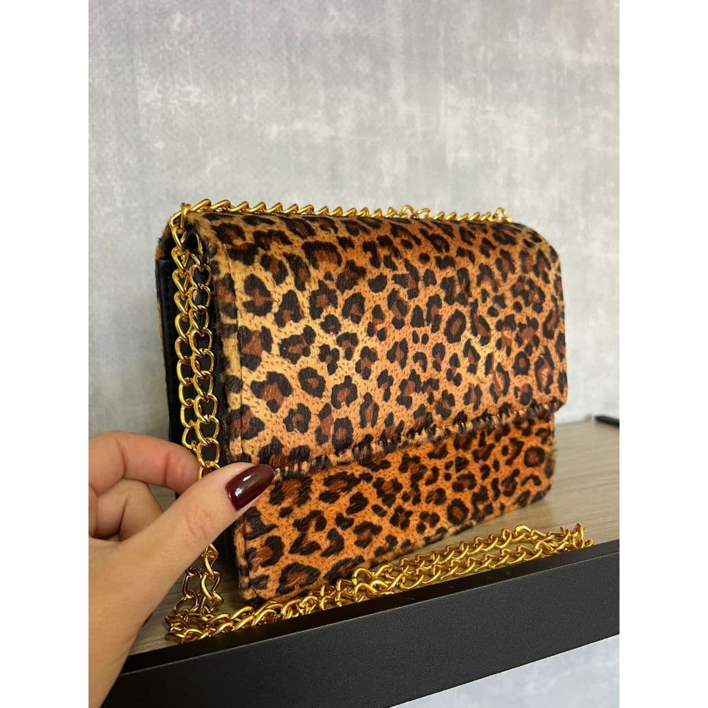 Bolsa de Onça Transversal Quadrada Alça Corrente Animal Print