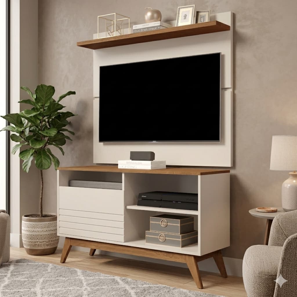 Conjunto Rack Painel Fenix Off White / Freijó - Para Tv's Até 40 Polegadas - Shark Móveis