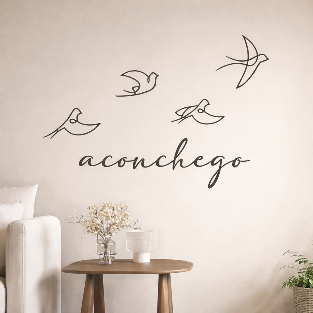 Quadro Decorativo 4 Esculturas Pássaros Minimalistas Vazado + Frase de parede Palavra aconchego mdf