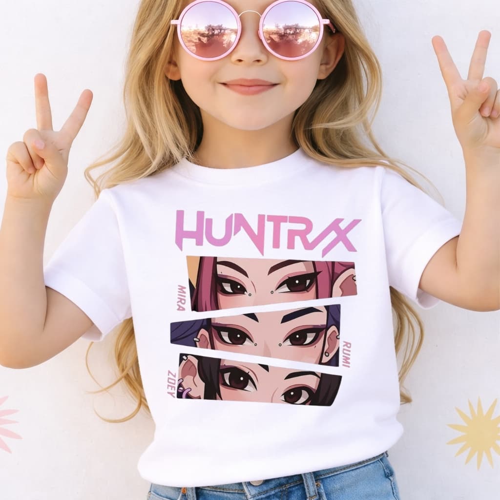 Camiseta Infantil Menina Huntrix Guerreiras do KPOP Hunters Desenho Anime Blusa Premium Juvenil