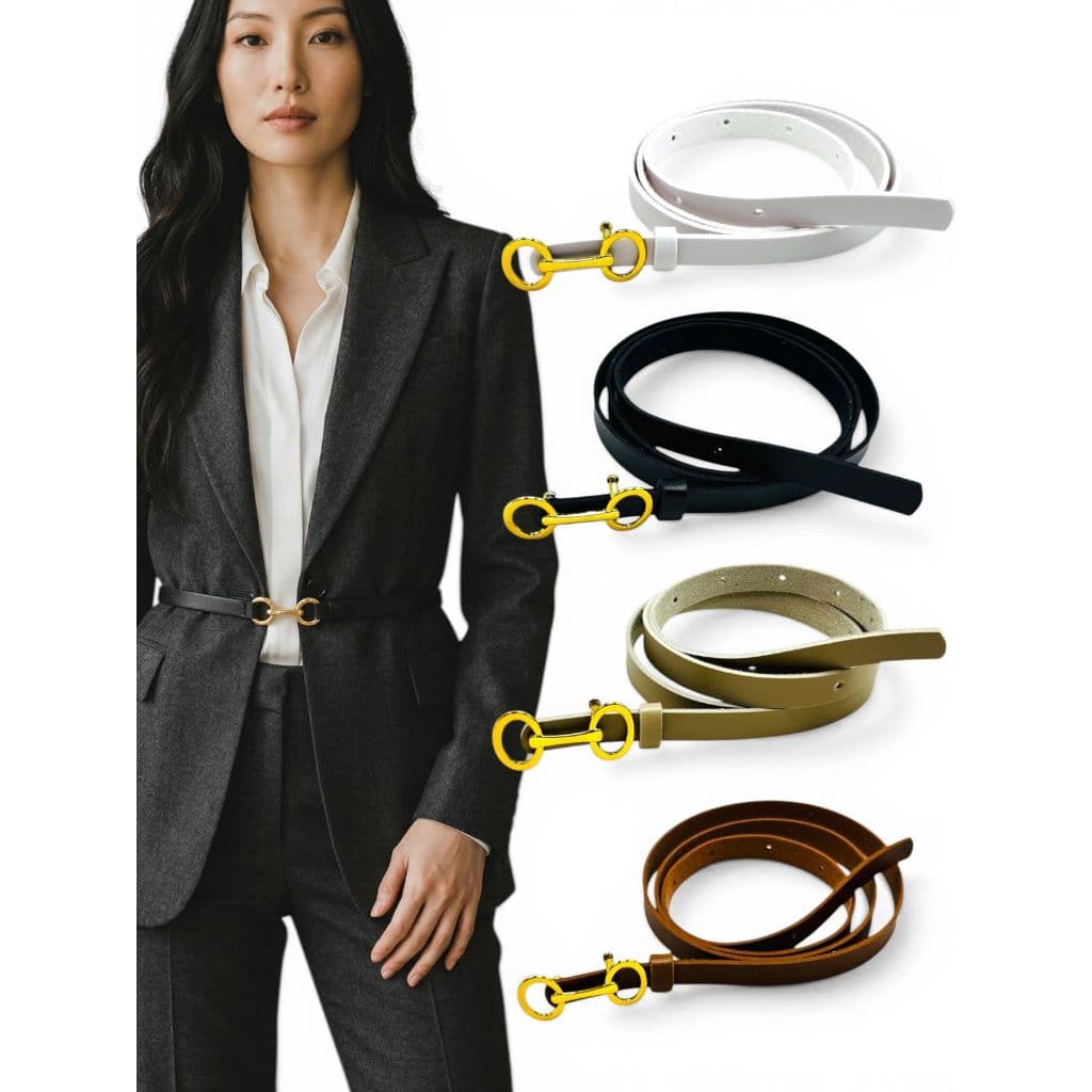 Cinto Feminino Elegante Fivela Dourado Couro Sintético Ajustável Fino Básico - Emily
