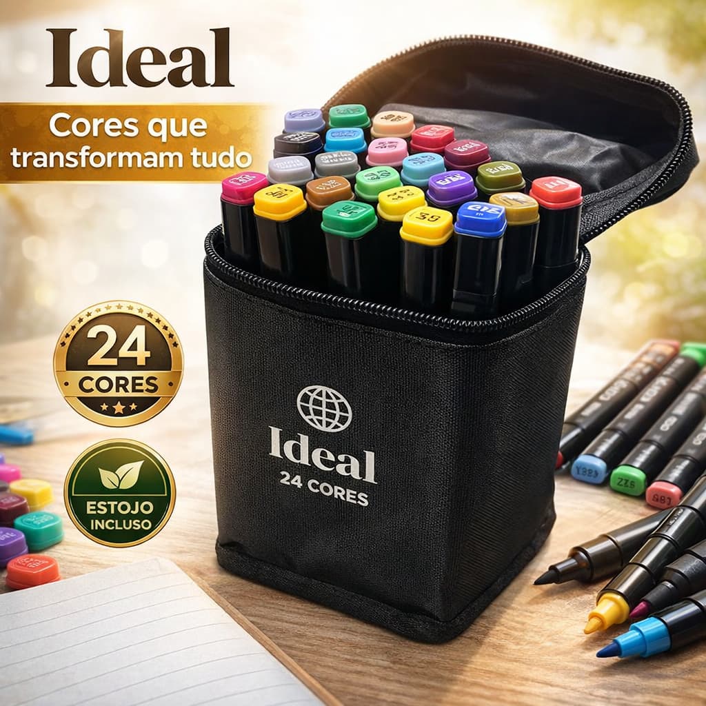 Estojo 24 Canetas Coloridas Hidrográficas Ponta Fina Cores Vibrantes Desenho Arte Escolar Presente