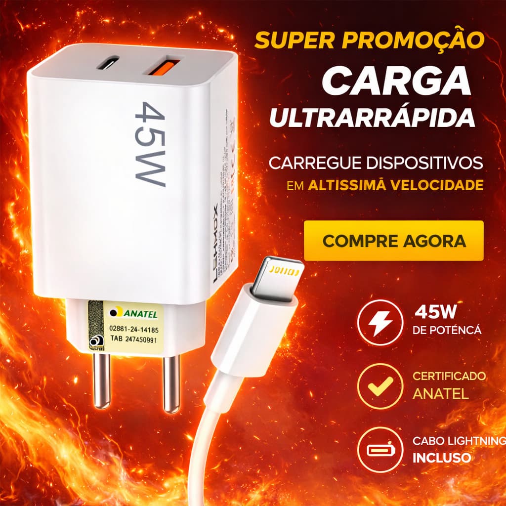 Carregador Completo Turbo Para Iphone Cabo Tipo C para Lightning 45W Original Lehmoxx