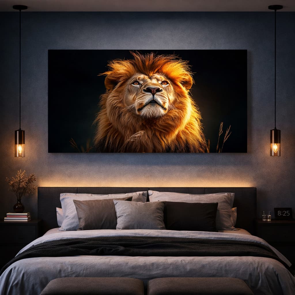 Quadro Decorativo Leão Majestoso Com Olhar Poderoso Arte Premium Luxuosa Minimalista 110x70