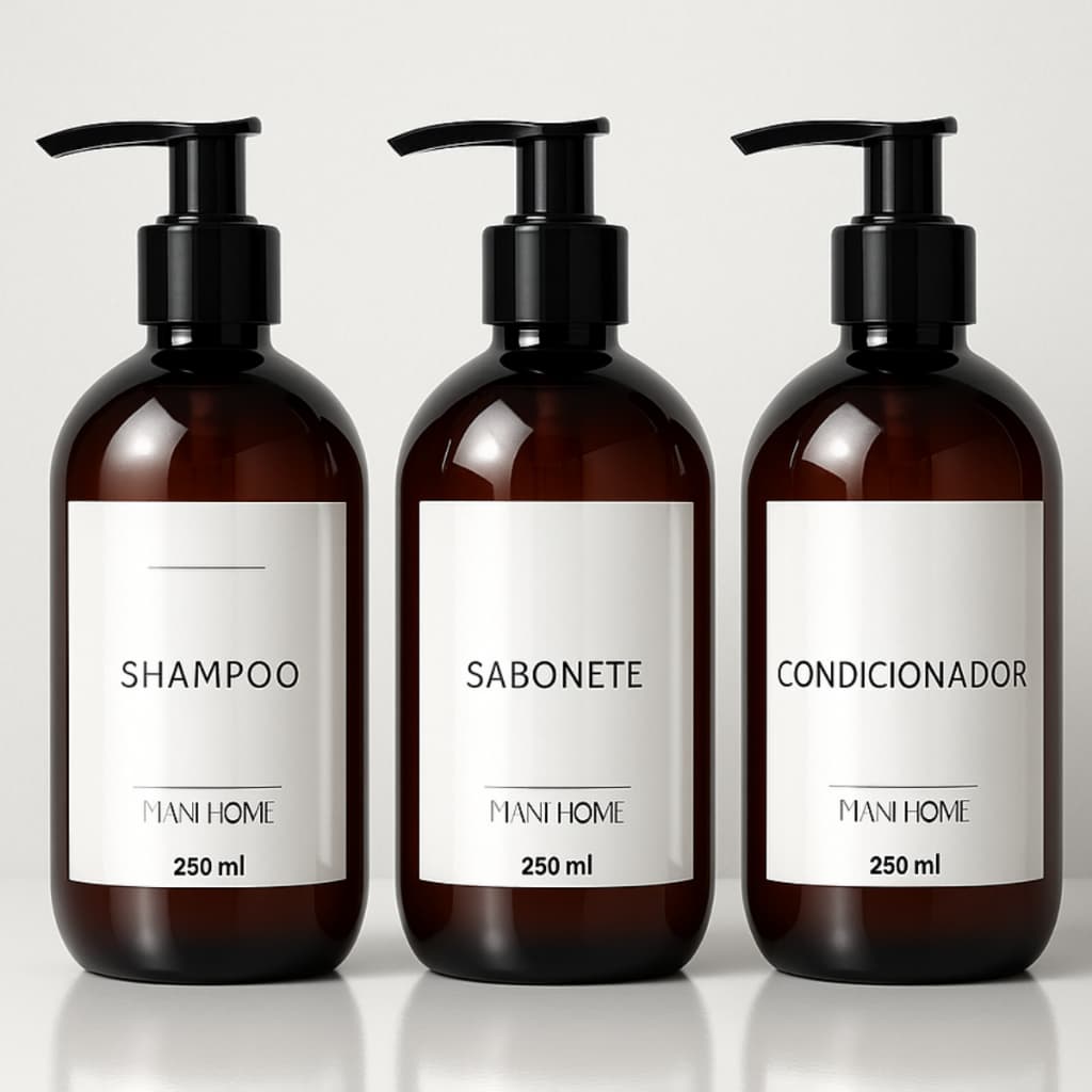 Frasco Dispenser 3 Peças Para Shampoo Saboneteira e Condicionador - Frasco Âmbar 250ml Et Br