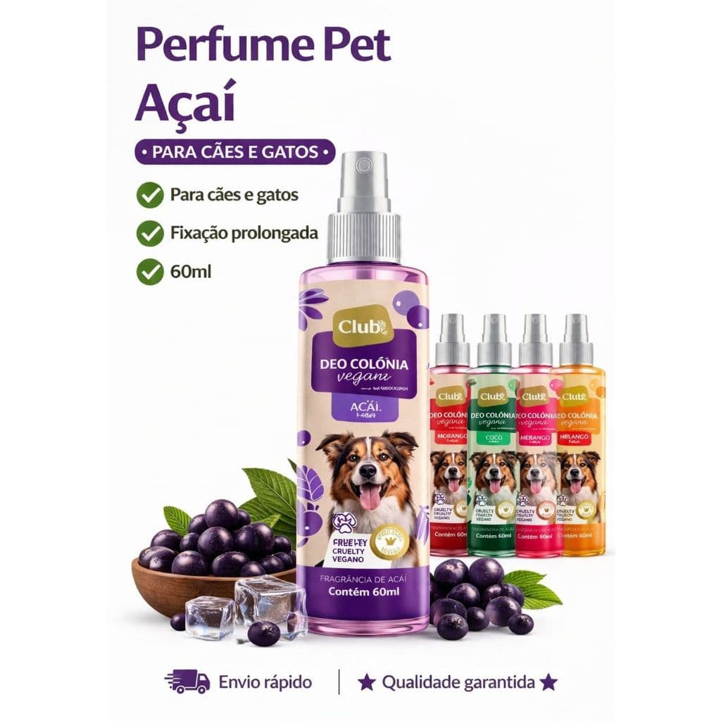Deo Colônia Vegana Pet Guaraná e Açaí Club Pet 60ml para Cães e Gatos – Cruelty Free