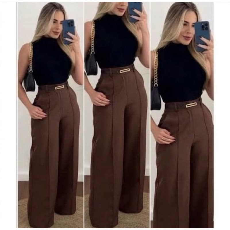 Calça Pantalona Feminina Alfaiataria Com Cinto Look Moderno e Elegante