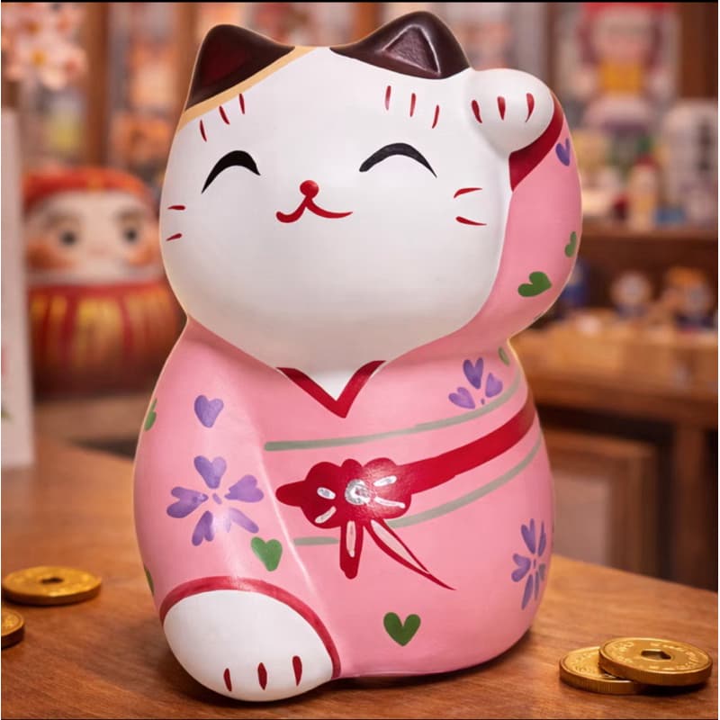 Maneki Neko Gato da Sorte Japonês de Gesso - Kimono Rosa
