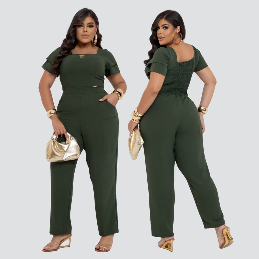 Macacão Longo Feminino Plus Size Duna Pantalona Com Lástex que Modela Elegante Festa