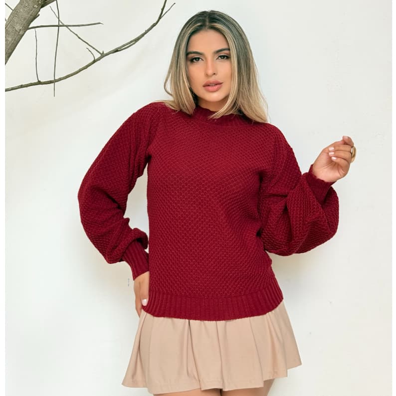 Blusa Feminina Tricot Manga Bufante Outono Inverno Frio