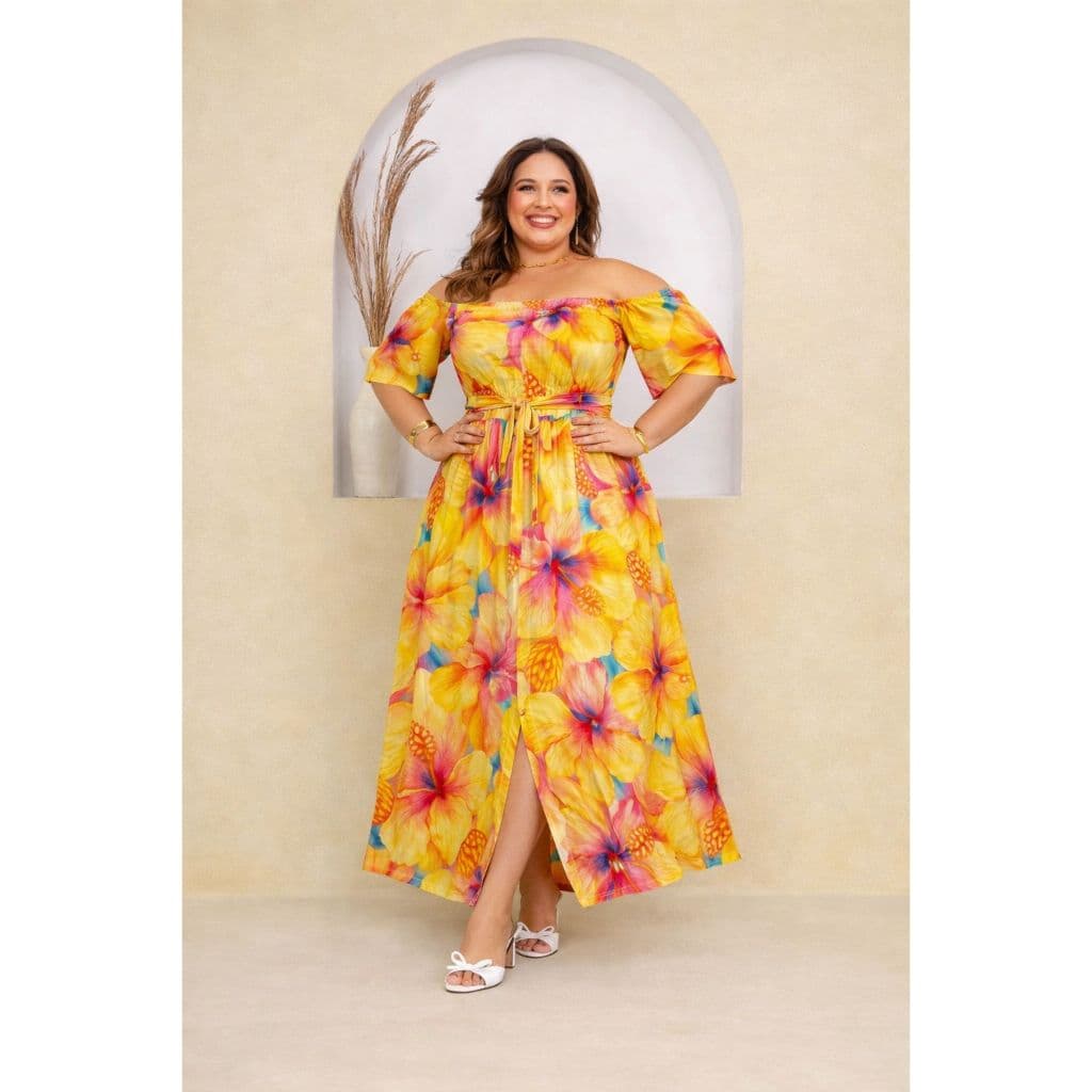 Vestido Feminino Longo Plus Size Com Cinto Tecido Crepe Dunas De  Manguinha Com Fenda Lançamento