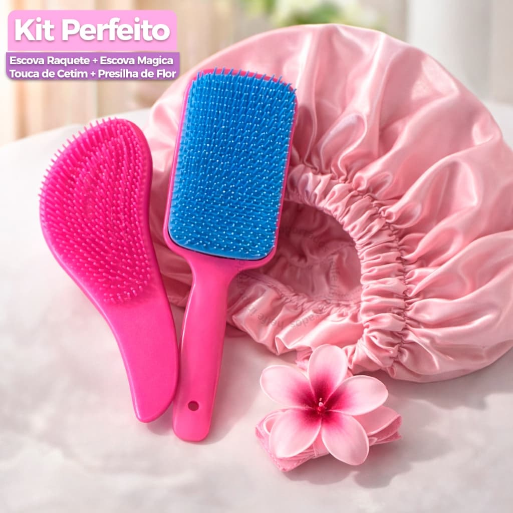 Kit Escova Mágica Raquete Fashion Touca de Cetim Presilha de Flor Cabelo Cacheado Crespo Liso