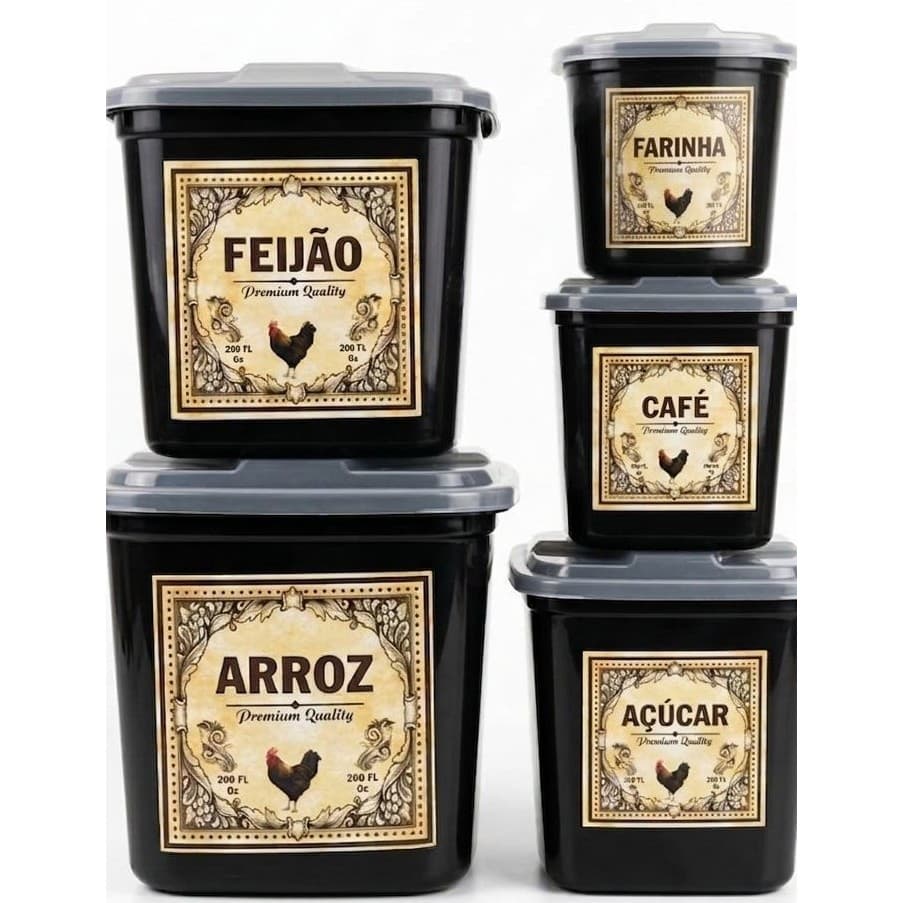 Kit Jogo 5 Mantimentos Plastico Preto 1Lt.  1,7 Lt.  3,6 Lt.  4,5Lt.  7 Lt. Decoupage Variadas.