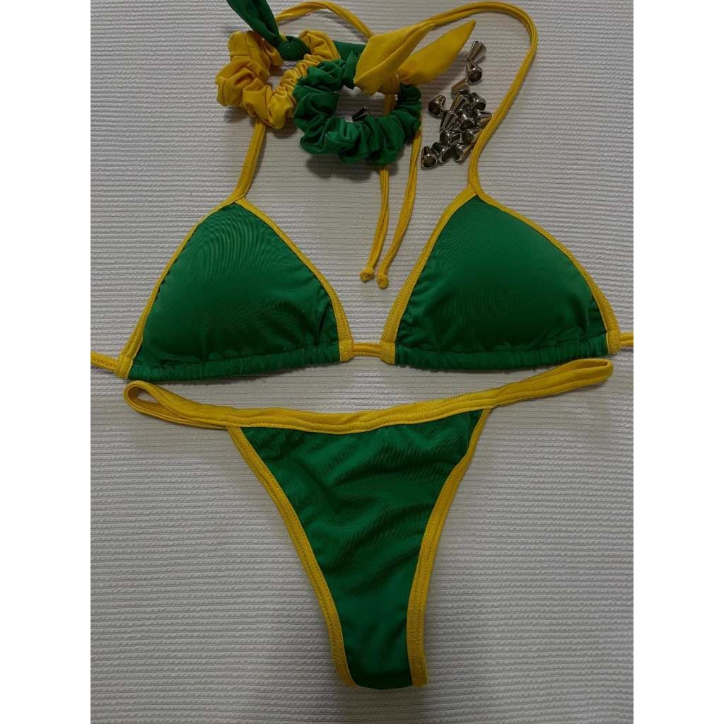 Biquíni marquinha brasil verde e amarleo semi fio, biquini de fita, bojo removível