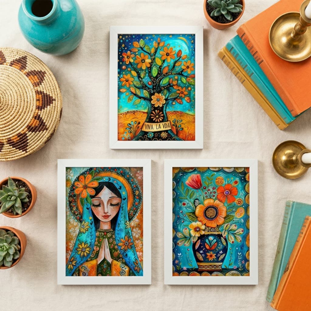 Kit 3 Quadros Decorativos Mexicanos 18x24 com Vidro e Moldura em Madeira para Sala Quarto Escritório