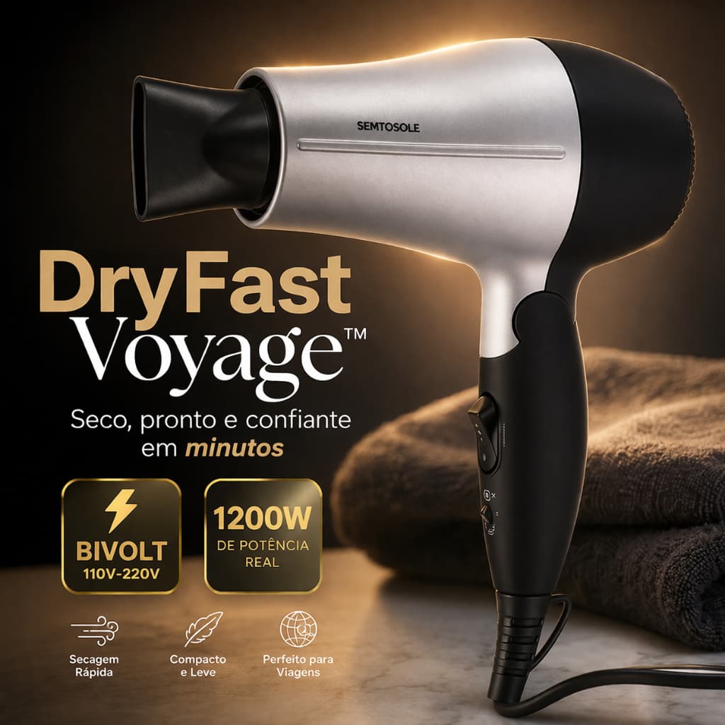 Secador  Compacto  Portatil  de  Alta  Potencia  cinza 1200W Bivolt  Pratico  Eficiente  Viagem