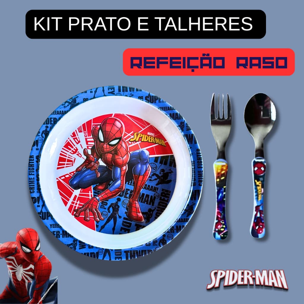 Kit Refeição Infantil Prato Homem Aranha + Talheres Inox de Carrinho