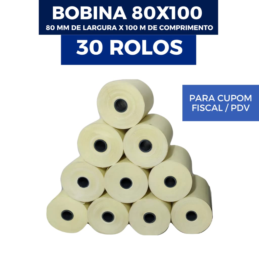 Kit 30 Rolos Bobina Termica 80mm X 100 Metros 44g Para Impressora PDV Cupom Fiscal Bematech Epson Elgin