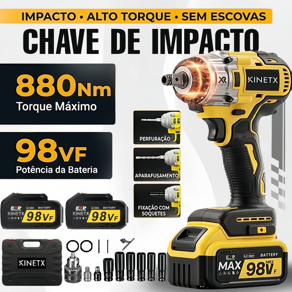 Chave De Impacto Parafusadeira Brushless 880Nm 98V Sem Fio 2 Baterias + Maleta Soquetes E Mandril