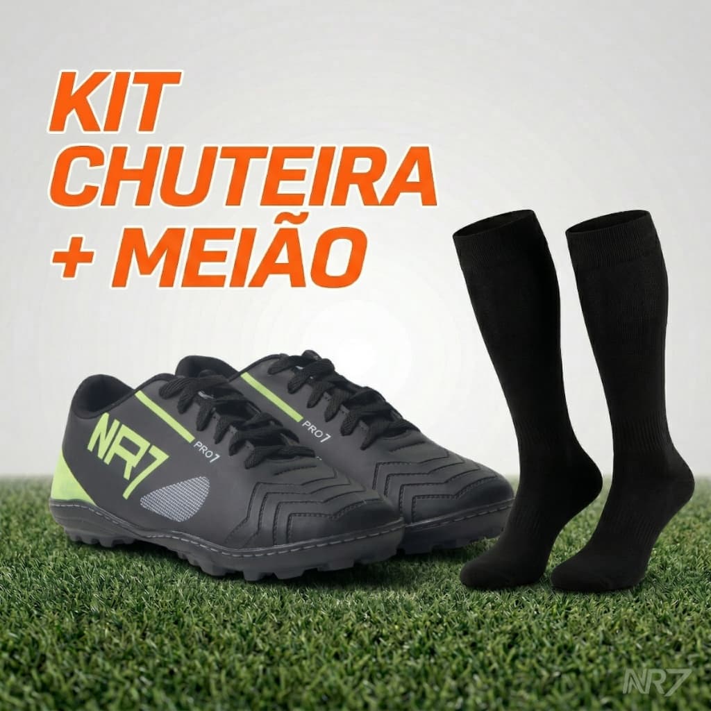 Combo Futebol Chuteira Society Grama Sintetica Solado Costurado Reforcado Com Meiao Jogo