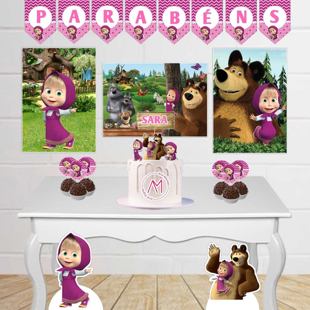 Kit Festa Infantil Masha e o urso Fácil Decoração Com Painel Display Toppers Topo de Bolo Só bolinho