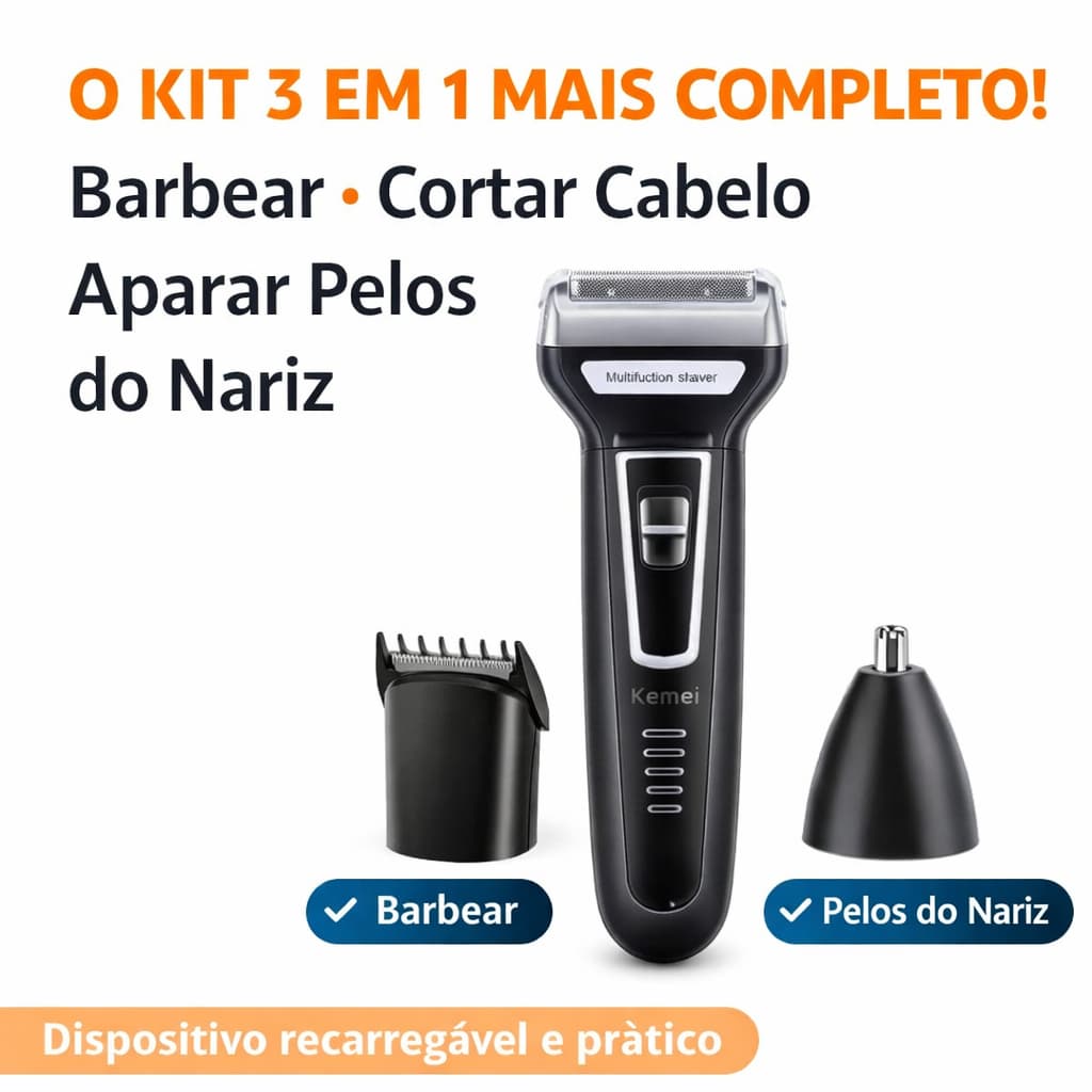 Aparador de Barba 3 em 1 Kemei Recarregável Barbeador Elétrico Nariz Cabelo Bivolt