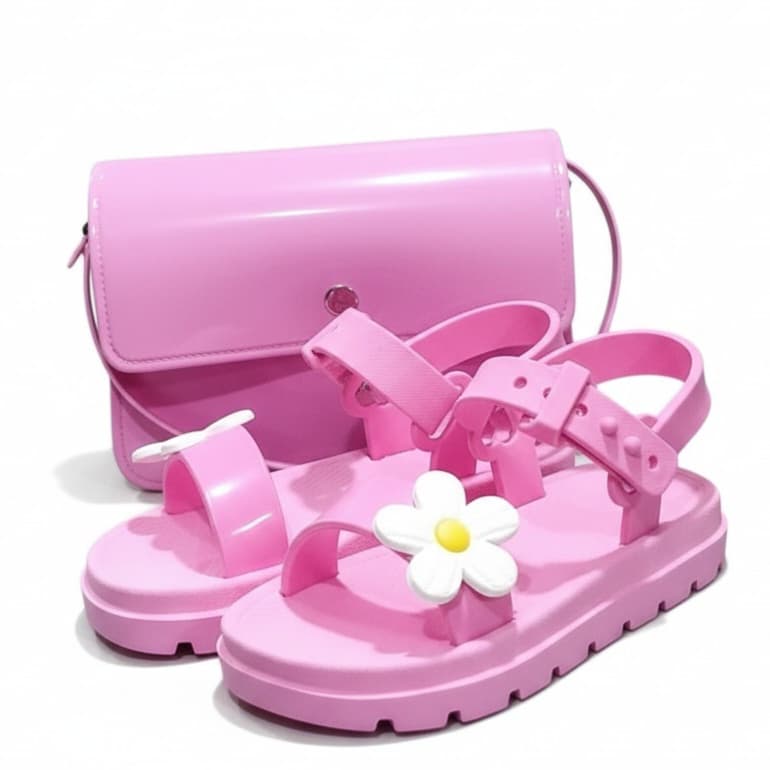 Kit Sandália Infantil de Menina + Bolsa Infantil Colorida Papete Feminina de Flor Leve e Confortável