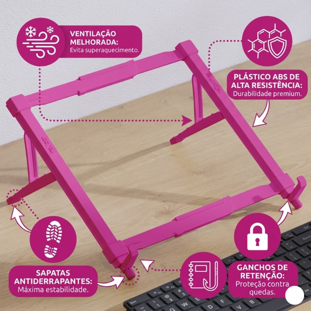 Suporte para Notebook Ajustável em Abs para notebooks de 14 á 17 Polegadas cor Rosa-Pink