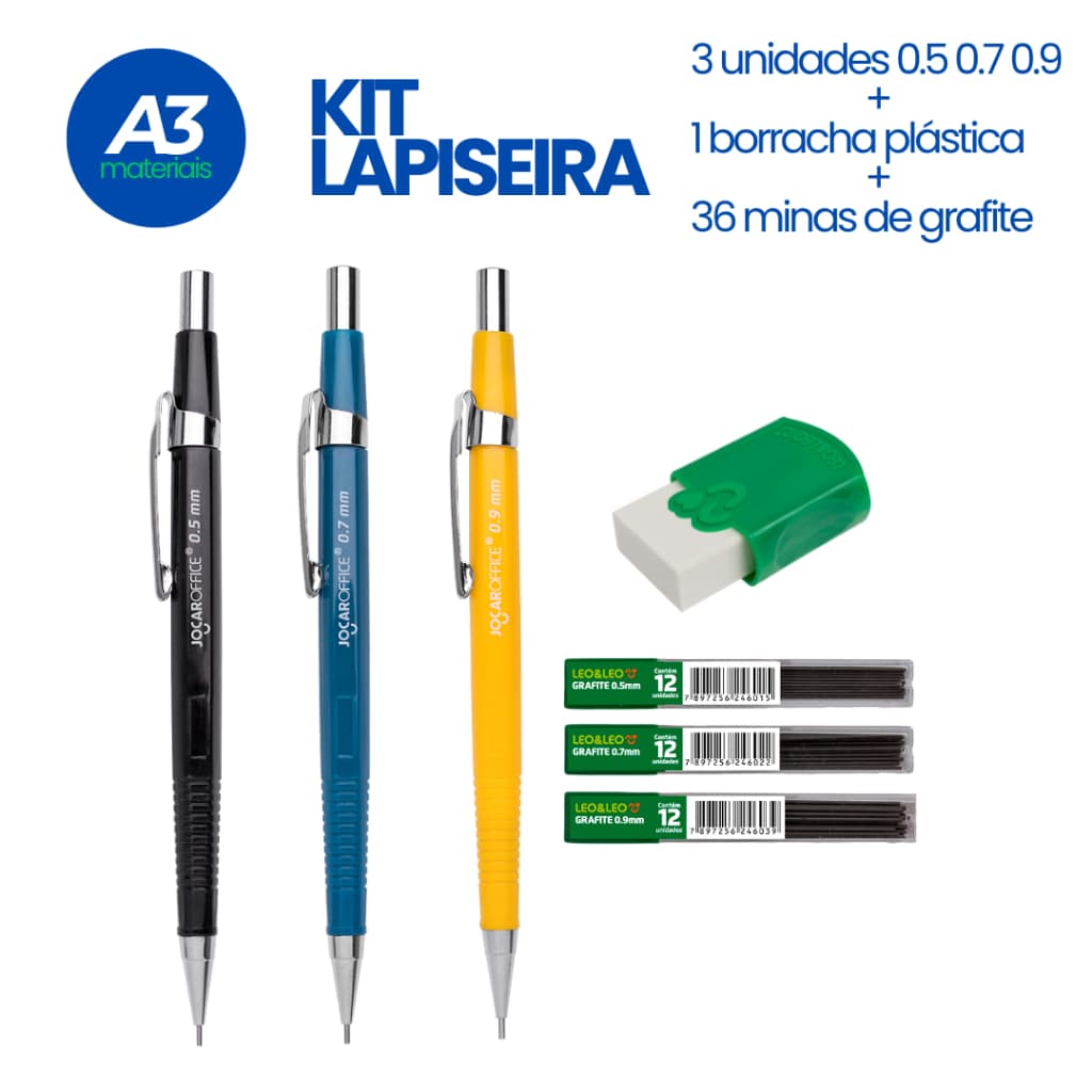 Kit 3 Lapiseiras 0.5 0.7 0.9 + 3 Grafites + 1 Borracha Plástica
