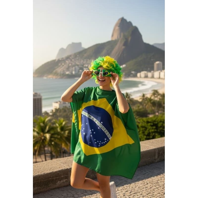 Kit Torcedor Brasil Completo Peruca Trançada ou Punk Óculos Bandeira 90x130 Copa Futebol
