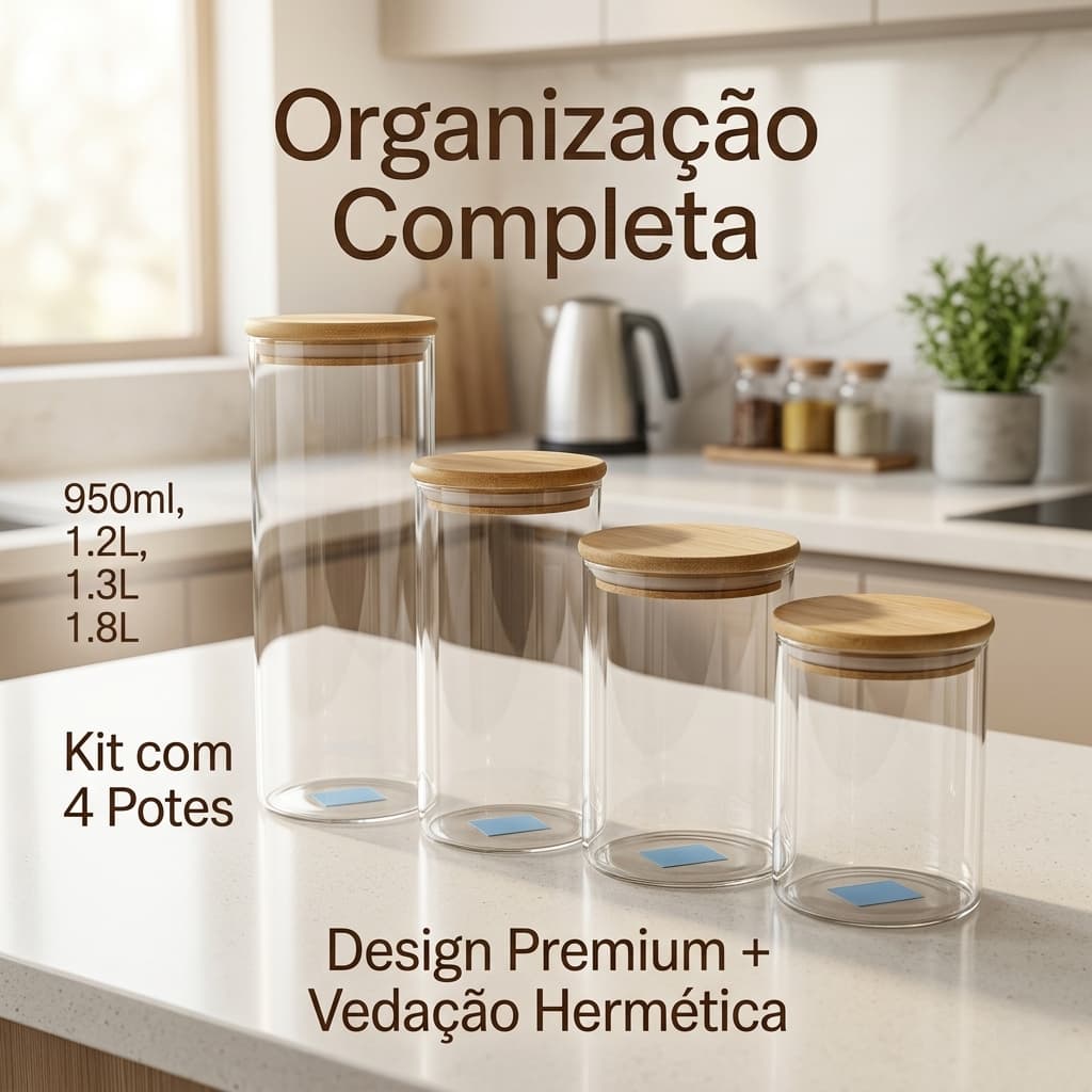 Kit 4 unidades pote hermética 950ml, 1,2L, 1,3L e 1,8L organizador moderno com tampa de bambu