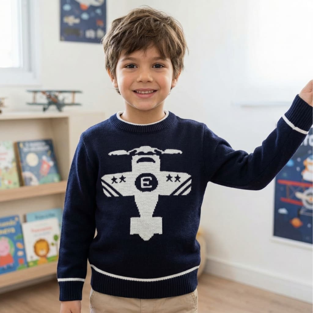 Blusa De Frio Infantil Masculina Tricô Jacquard Avião Premium