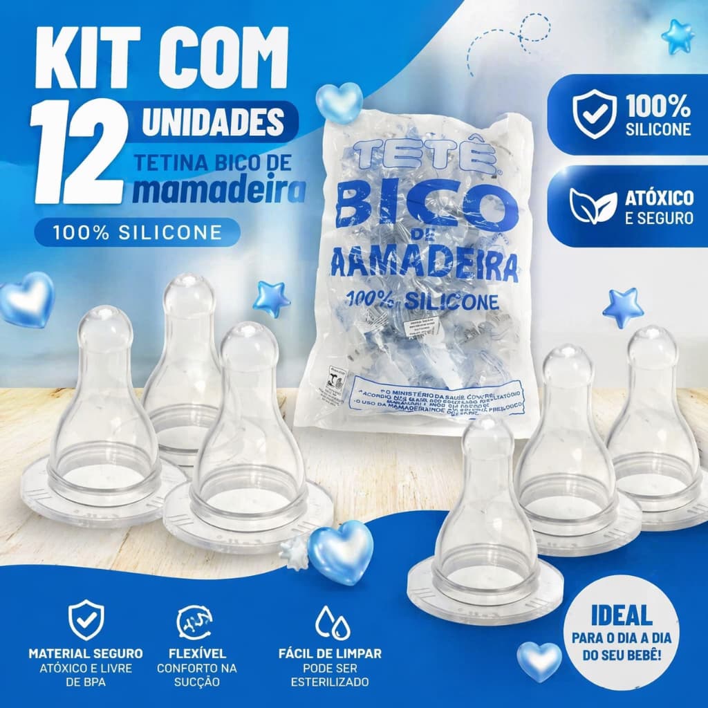 Kit com 12 Unidades Bico de Mamadeira Redondo Comum Universal 100% Silicone Tetê