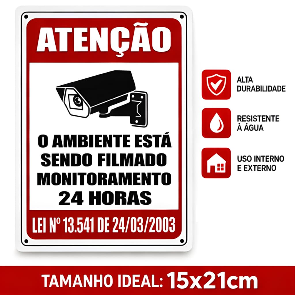 Placa de Segurança Monitoramento 24 Horas Adesiva à Prova d’Água 20x15cm