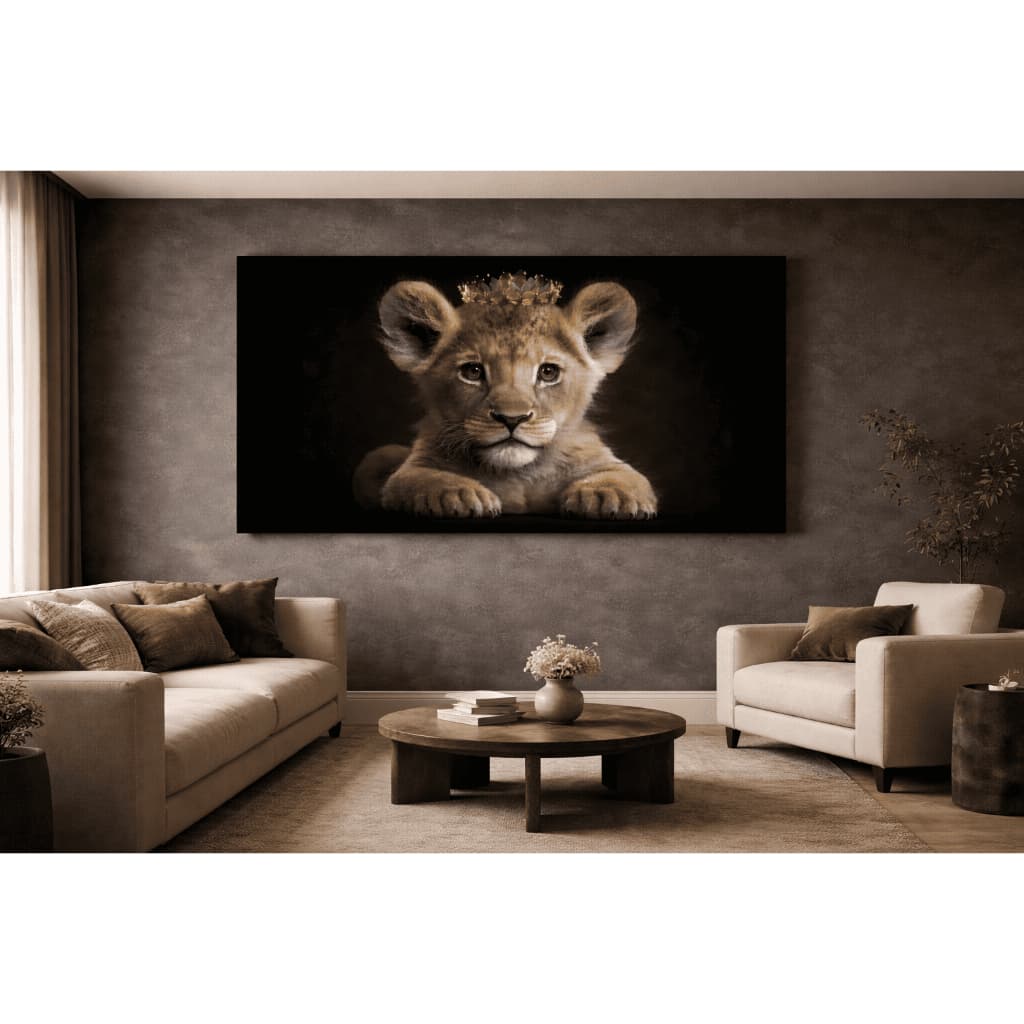 Quadro Decorativo Leãozinho Com Coroa Dourada do Reinado Minimlaista Arte Moderna Luxuosa 110x70