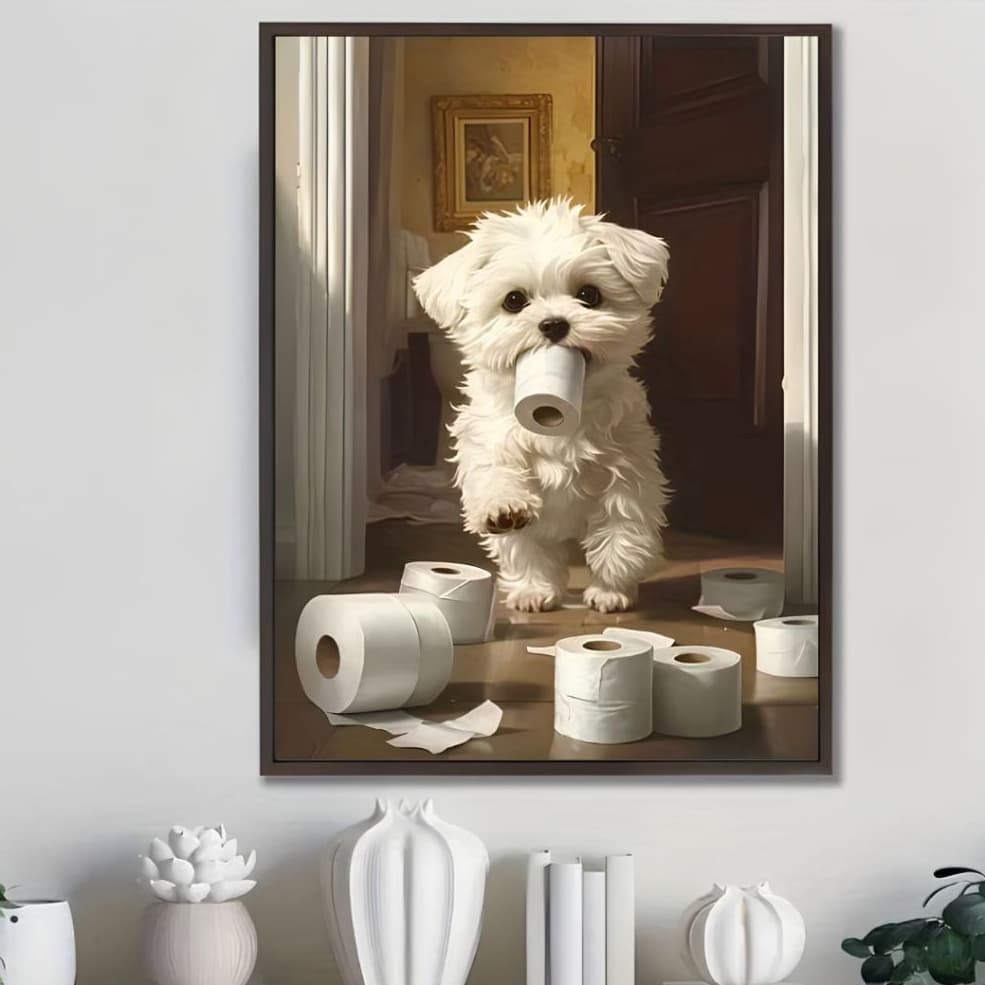Quadro Decorativo Banheiro Cachorrinhos Divertido Fofo Lavabo Pet Sala Decoração Parede