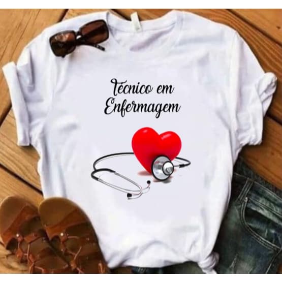 Camiseta Feminina Estampada Técnico em Enfermagem de Algodão Respirável Casual de Coração para faculdade