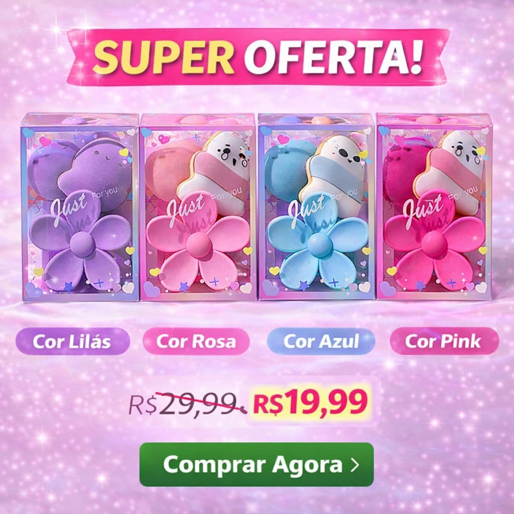 Kit Esponja Maquiagem + Escova Facial + Piranha Flor 3 em 1 Rosa Azul Lilás