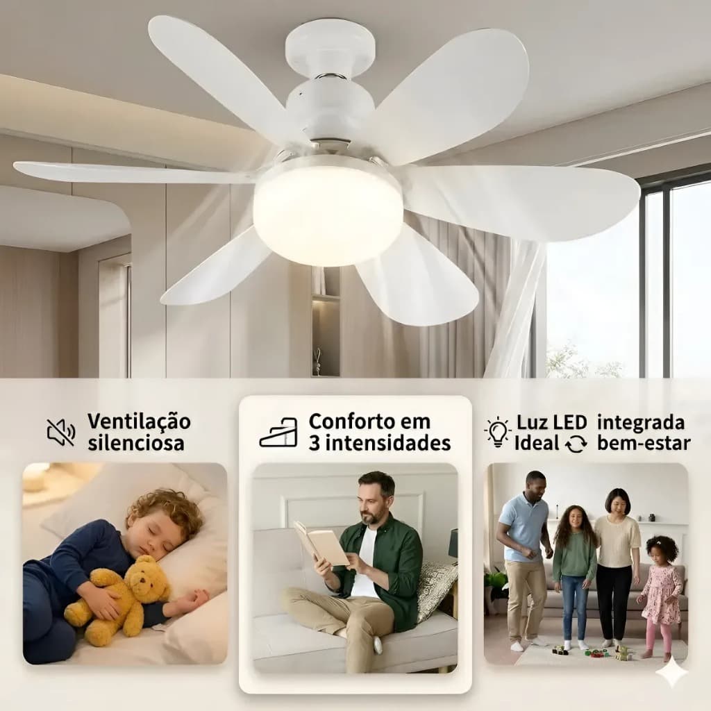 Ventilador De Teto Com Luminária Led 60w Controle Remoto 6 Pás Silencioso, Potente Bocal E27