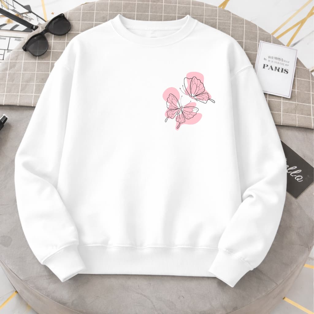 Moletom sem Capuz Feminino Flanelado Estampa Borboletas Minimalista Organico Inverno 100% Algodão Premium Gola Redonda