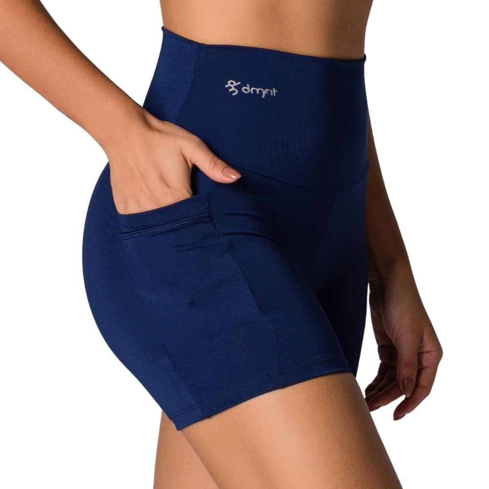 Short Fitness Feminino Cintura Alta com Bolso Lateral Academia Treino UV50 Preto/Marinho/Café